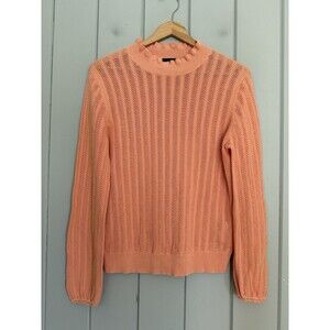J. Crew Sweater M Medium Pointelle Ruffle Neck Mock Orange 100% Cotton AK180